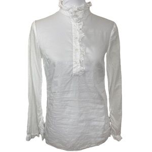 TORY BURCH White Cotton Ruffle Front Mock Neck Blouse
